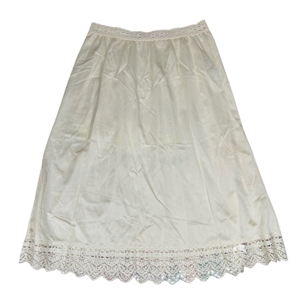 Vintage Lace Trim Silky Nylon Half Slip Skirt Cream M Bow Retro Coquette